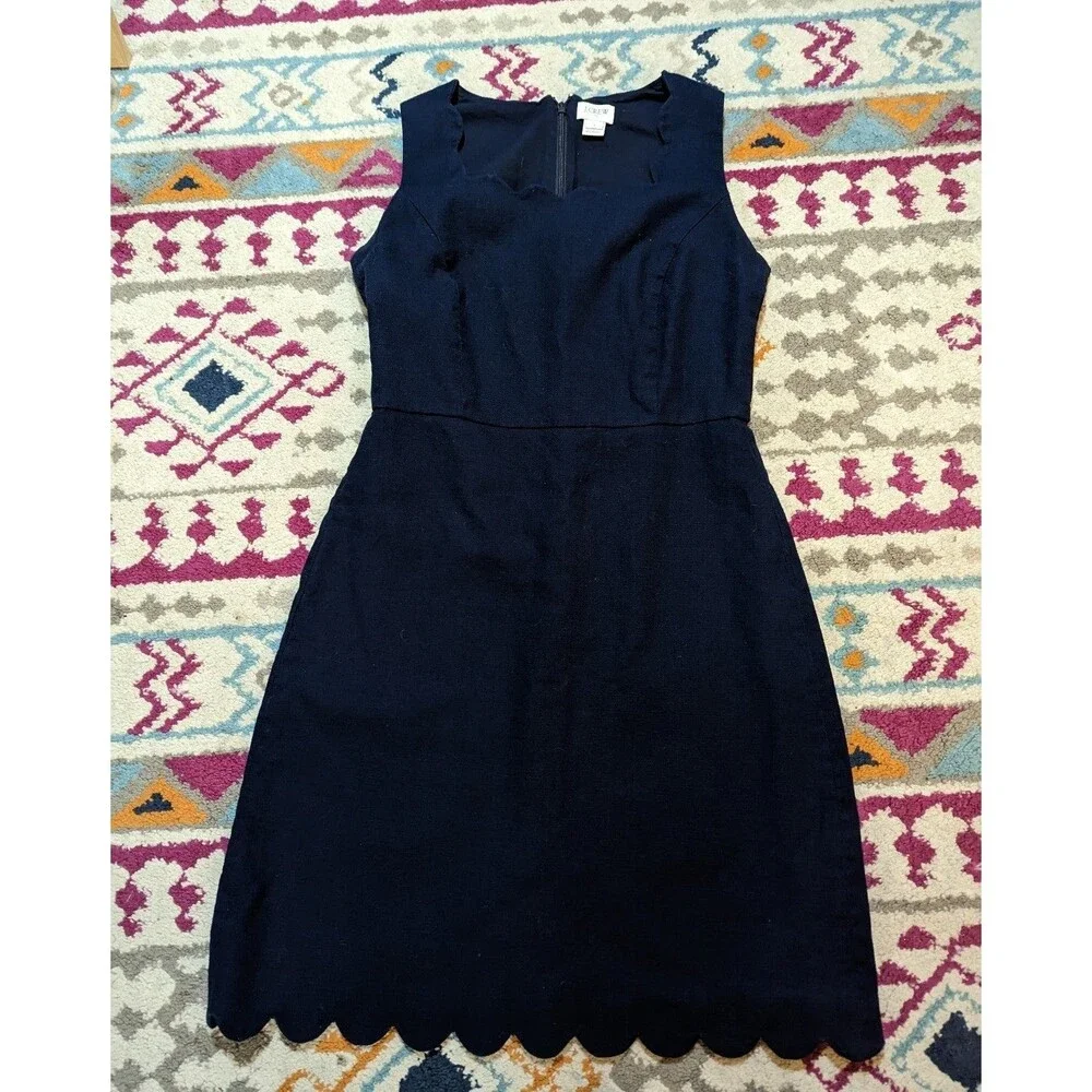 J.Crew Women's Size 4‎ Navy Cotton Fit and Flare Dress with Scalloped Hem